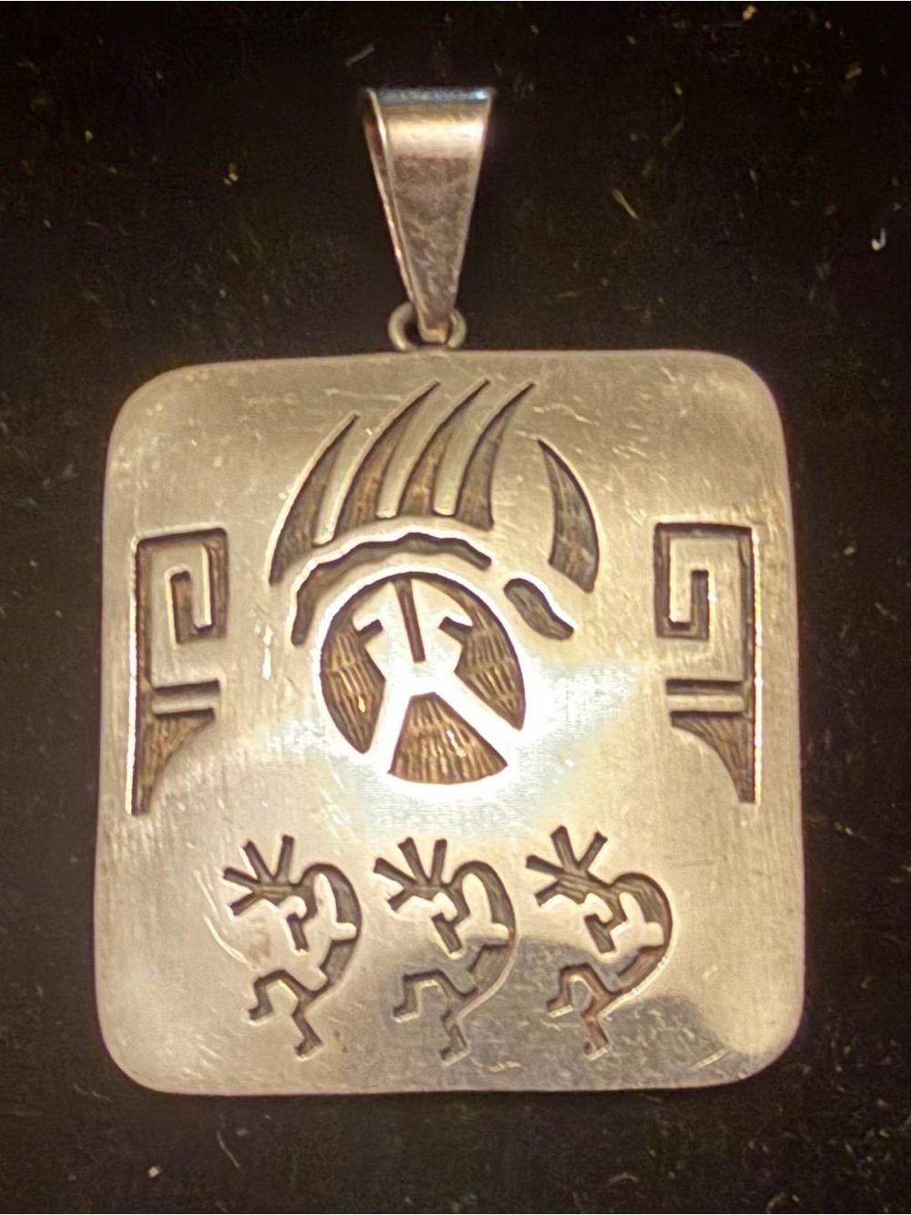 Hopi Style Sterling Silver Overlay Pendant Signed Ferlin Bear Paw Kokopelli